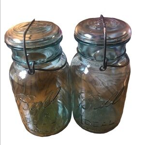 Vintage Ball Ideal Blue Mason Jars Glass Lid Wire Bail Quart Size July 1908
